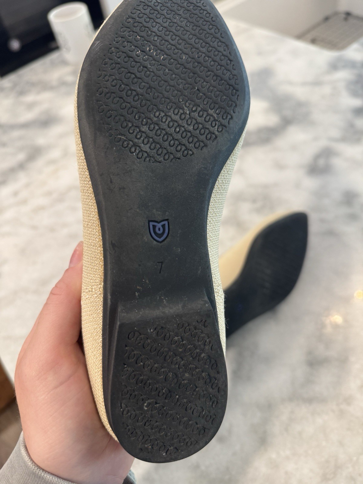 Rothy’s Pointed Toe Mary Jane Knit Flats Beige/Black/Blue Buckle Strap US 7