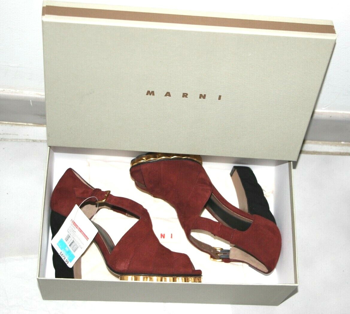 MARNI Sculptured Heels Gold Interwoven Platform Suede Sandal sz US 6/IT 36 $880