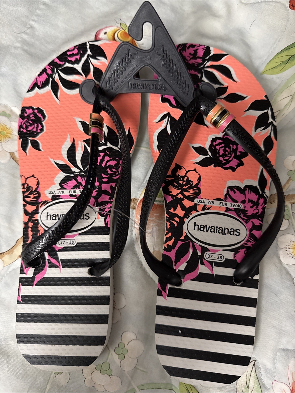 Havaianas Slim Flip Flops H Slim Thematic Orange , Blue & Pink Floral New 3/4 Y