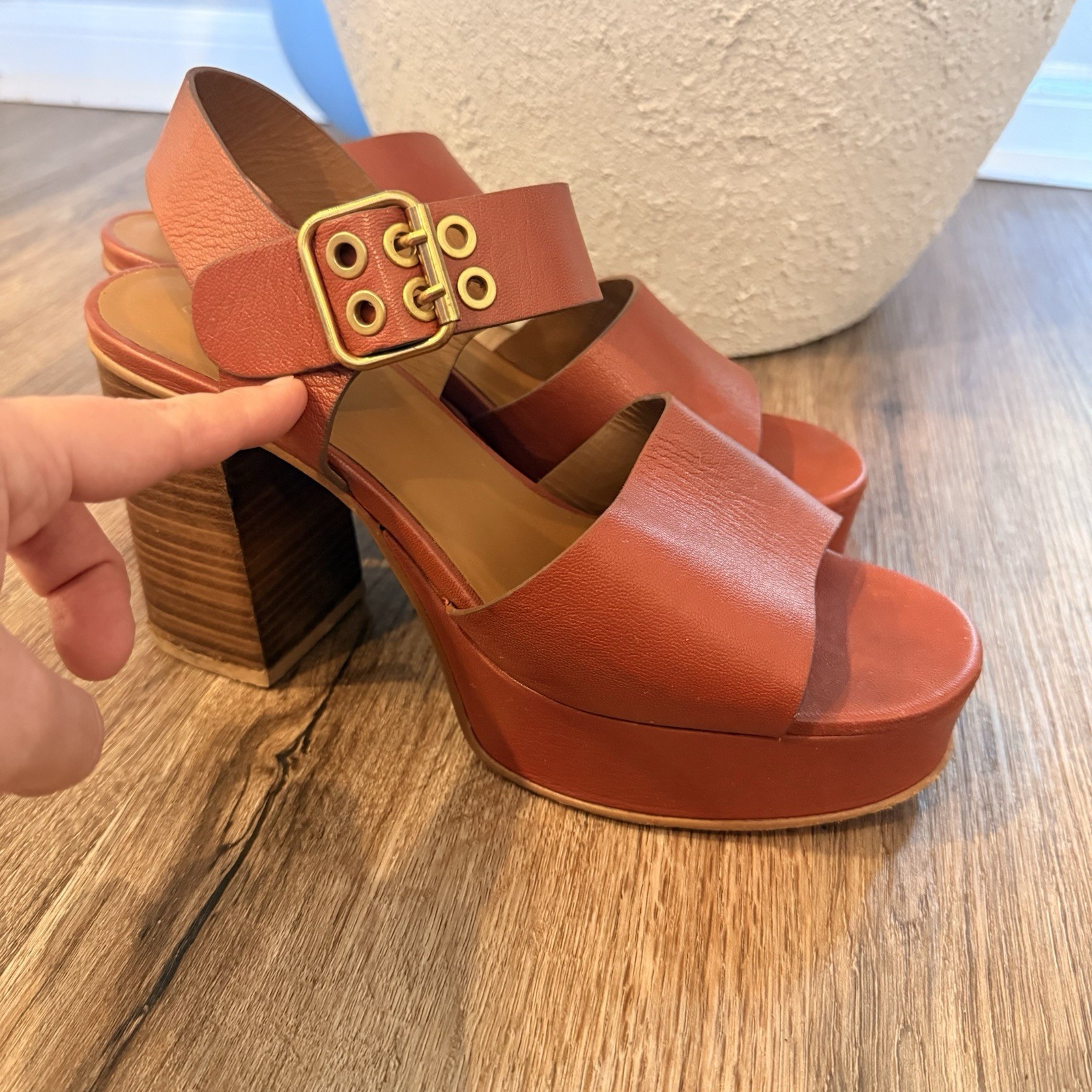 See By Chloe Lexy Leather Platform Strappy Heeled Sandals Brown Gold Size 41