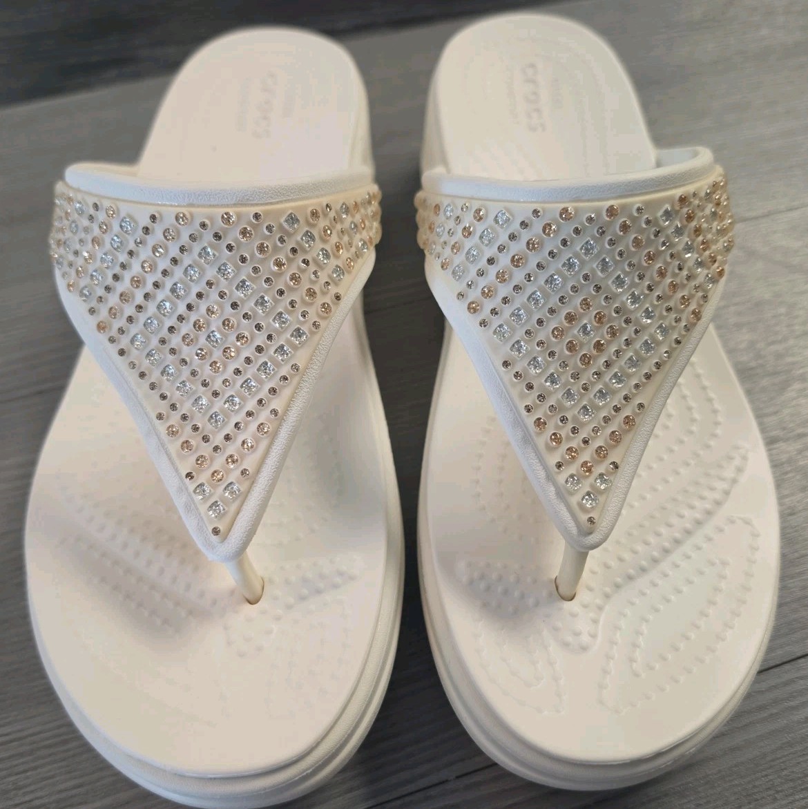 Crocs Monterey Diamante Wedge Women W7 White Sandal Dual Comfort Rhinestone