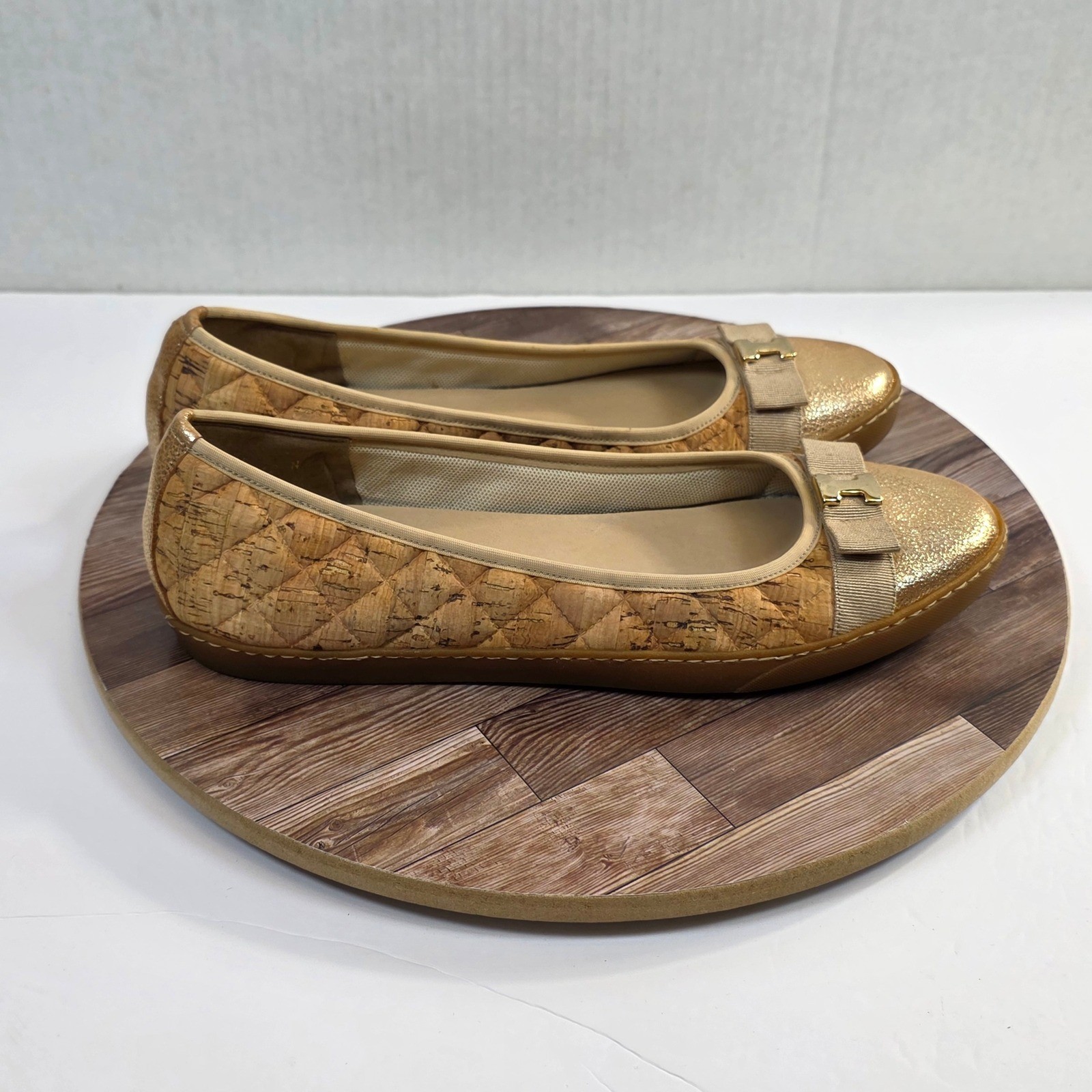 Sesto Meucci Ballet Flats Womens 10N Gold Cork Quilted Bow Metallic Toe