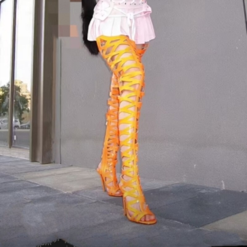 Women Boots Neno Bright Fishnet Crotch Thigh High Boots With Waist Belt Open Toe