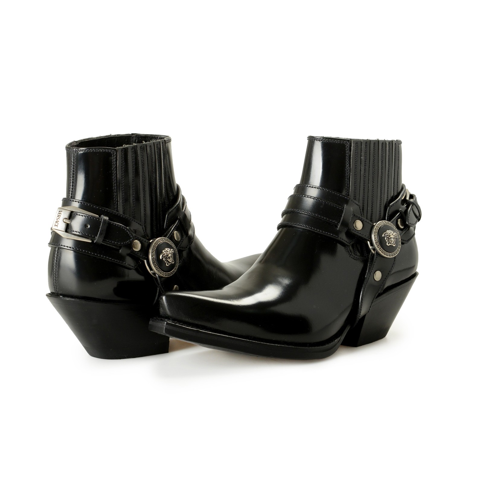 Versace Women’s Black Leather Silver Medusa Heeled Booties Shoes US 6 IT 36