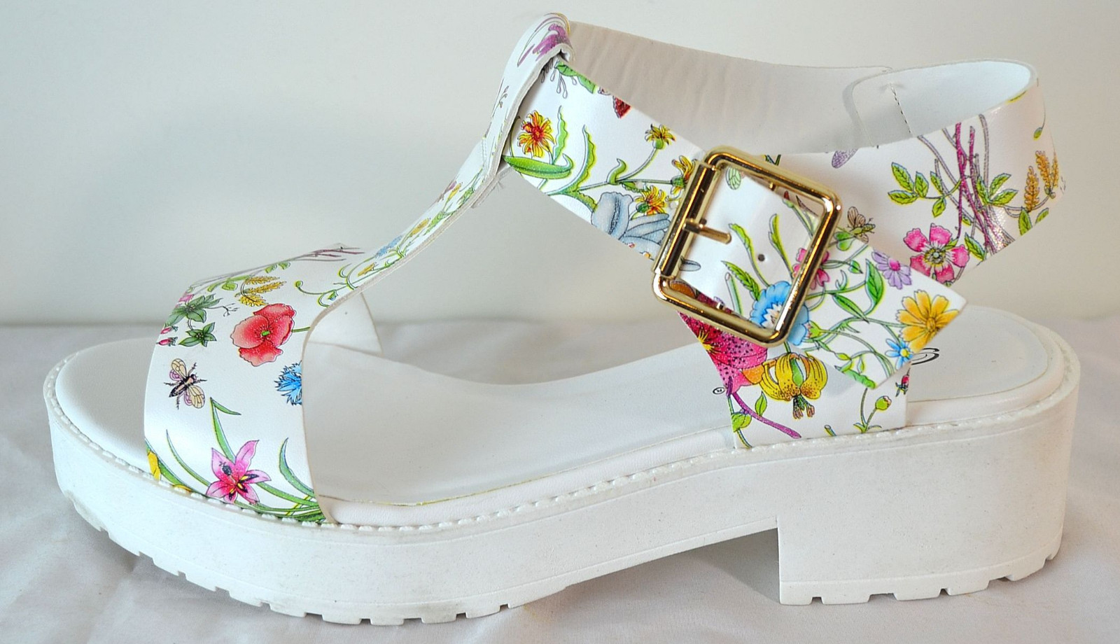 Breckelles T Strap Floral Print Sandals Faux Leather
