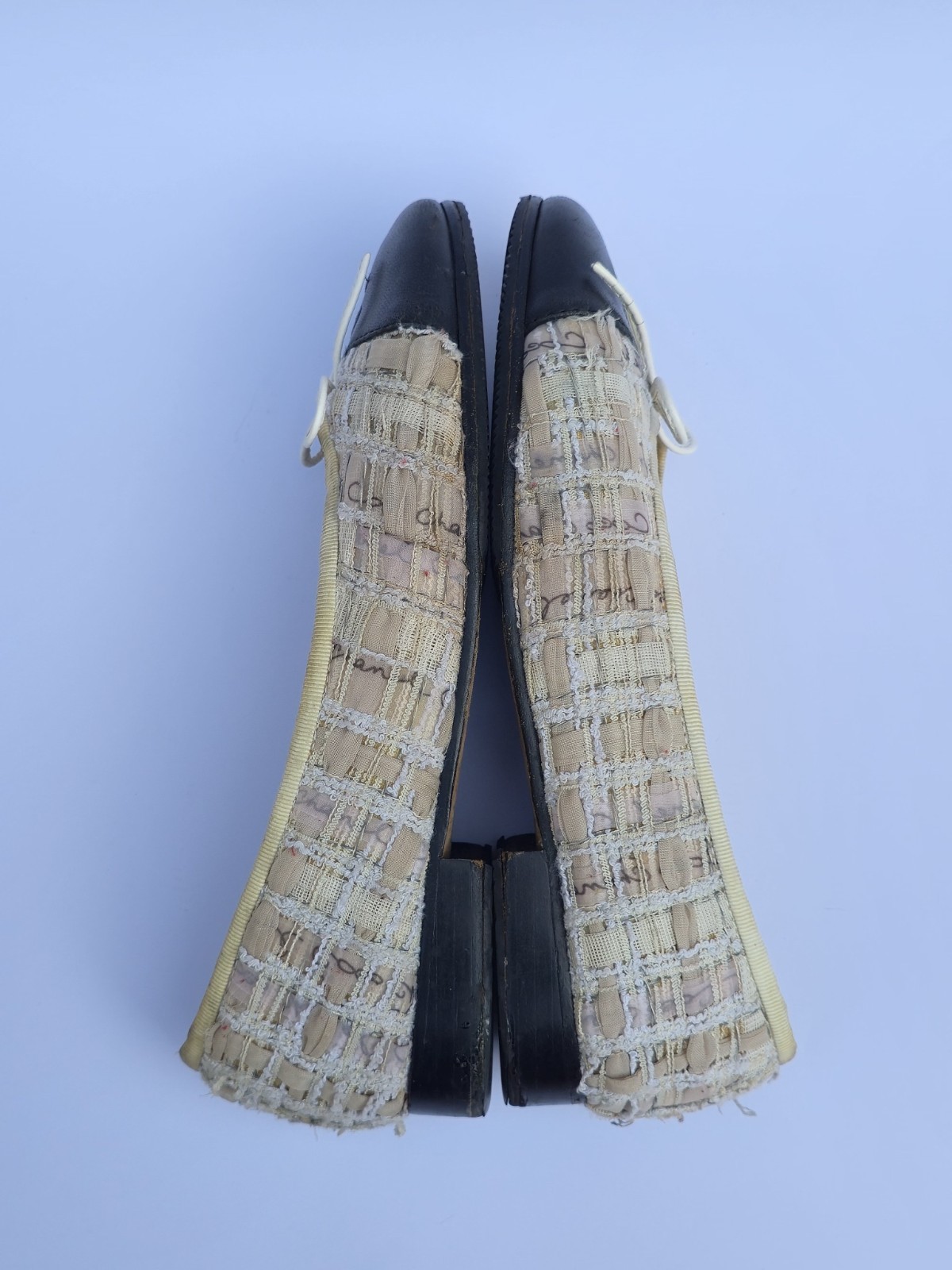 CHANEL Beige Black Tweed Cap Toe Ballerina Ballet Flats Size EU 37C