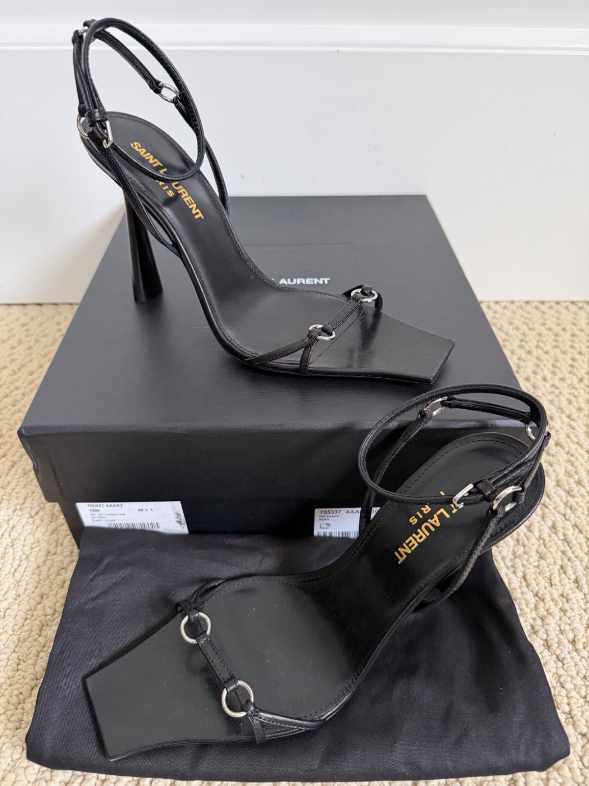 NIB Saint Laurent YSL Nova Black Leather Ring Strappy Sandals Pumps 36.5 $1495