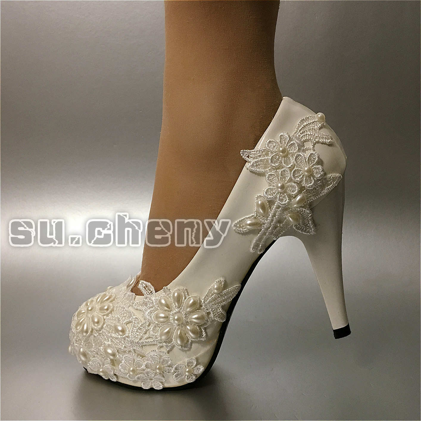 su.cheny 2/3/4»heel white pearl lace Wedding Bridal flats pump heels shoes 5-13
