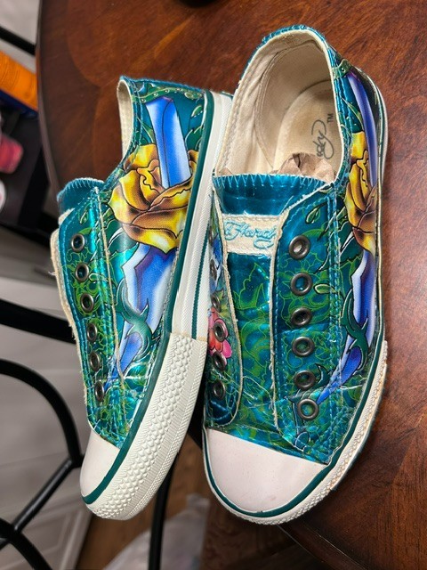 Ed Hardy Green Metallic Glitter True To My Love Tattoo Shoes Low Rise Slip On 5