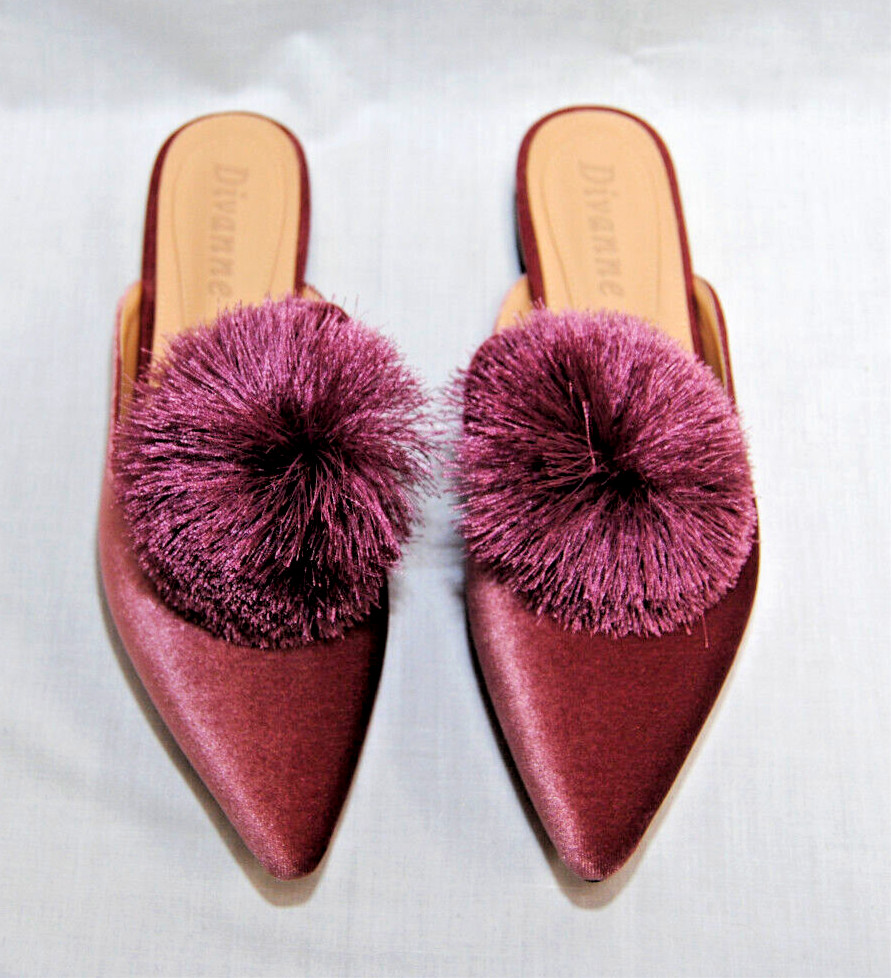 Divanne Womens Slip-On Mules Puff Pompom Backless Pointed Toe Loafers T2366
