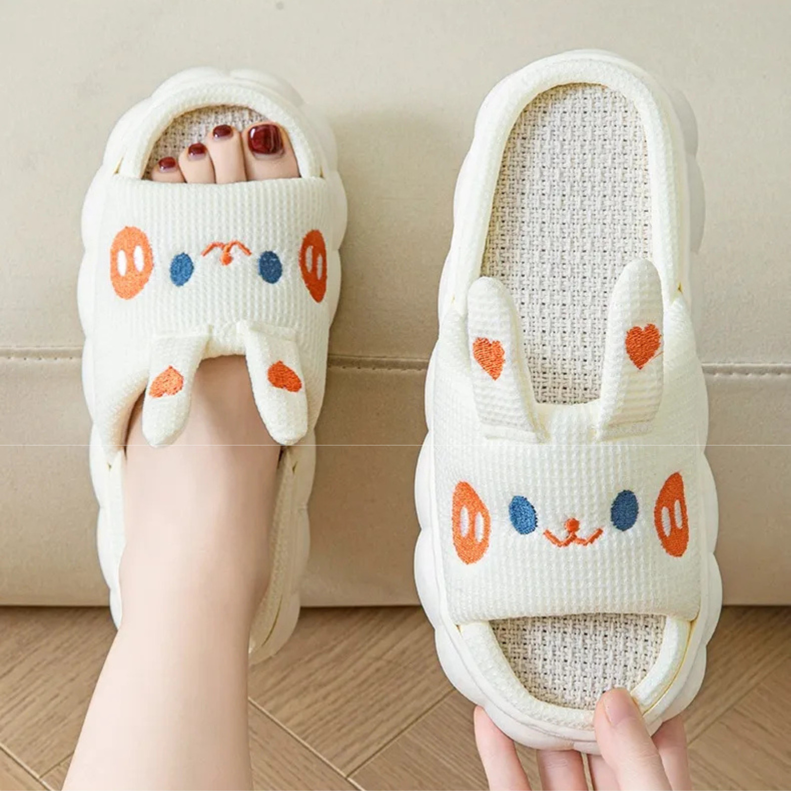 Cartoon Bear Rabbit Couple Slippers Open Toe Cotton Linen House Shoes