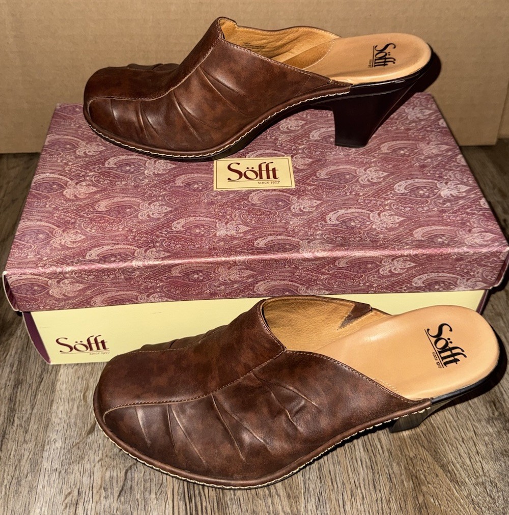 Women’s Sofft Bronwyn Caramello Mule Clogs 3” Heel Leather 12M EU 44