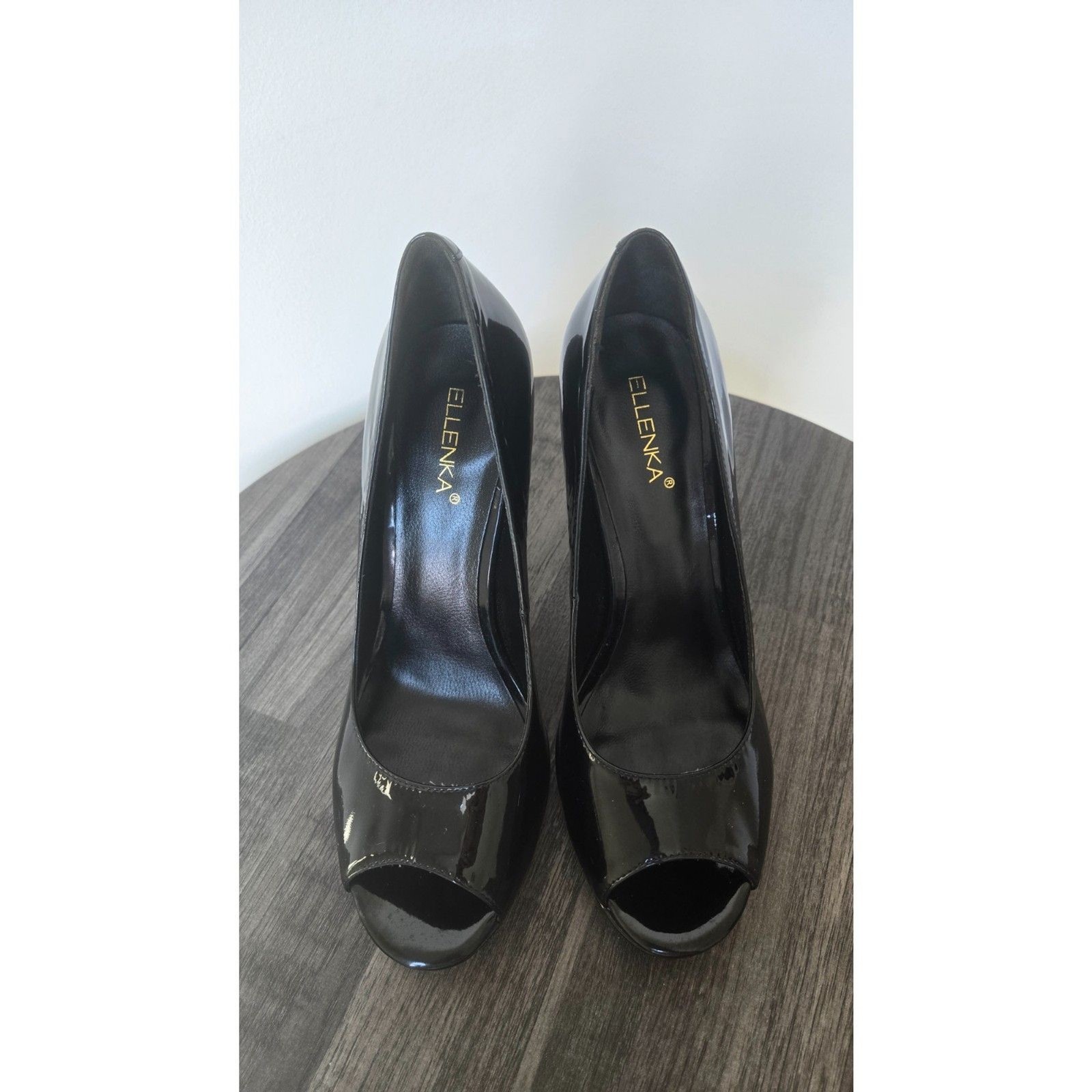 ELLENKA Black Patent Leather Look Peep Toe Stiletto Pumps Platform Size 38