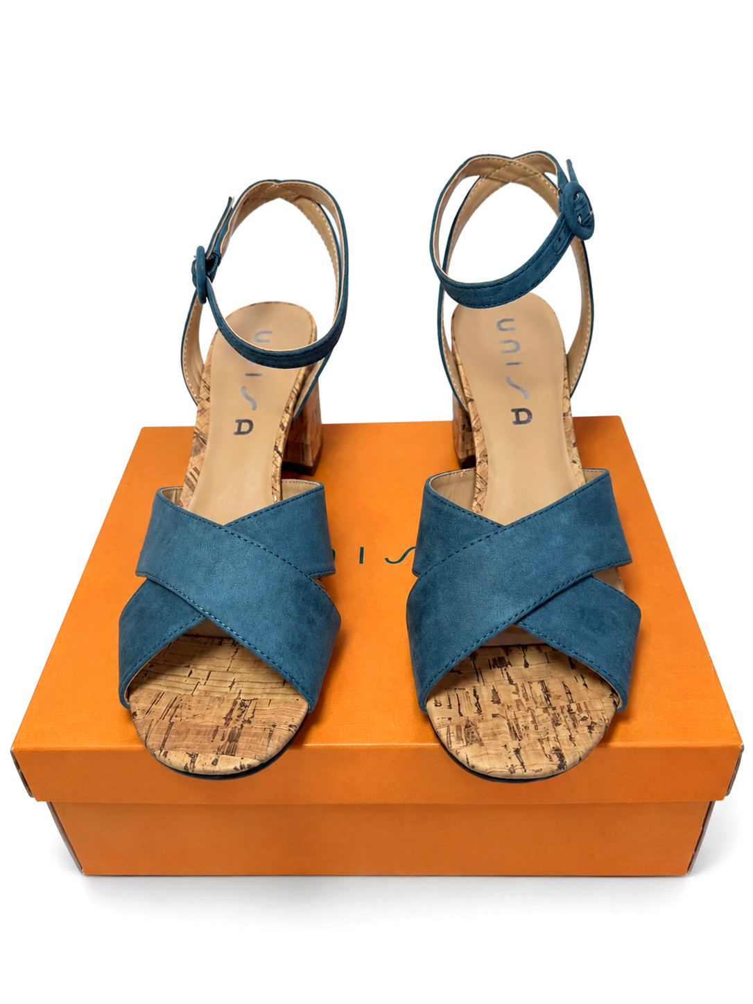 Unisa Womens Denim Ankle Strap Block Heels Open Toe Sandals – NEW