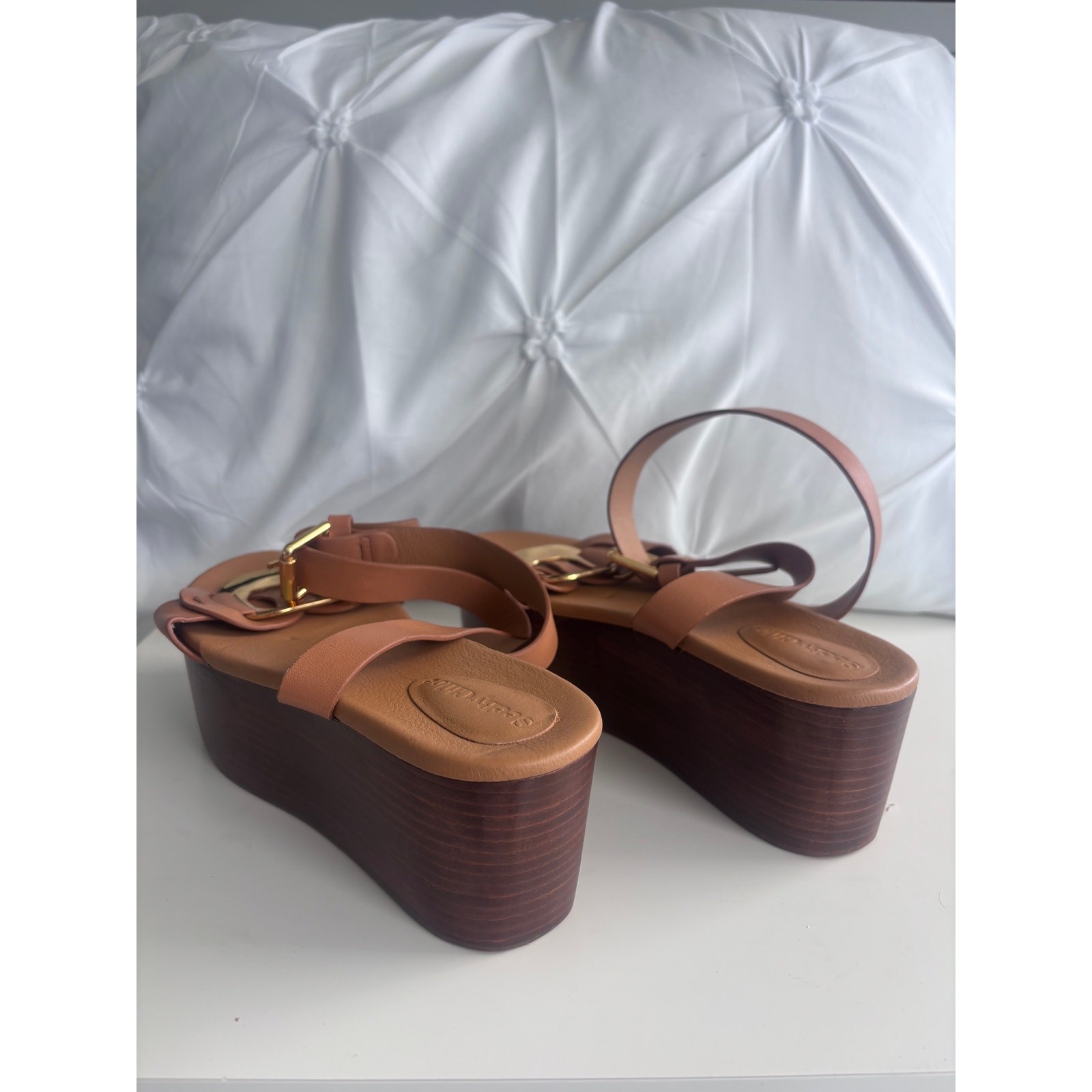 SEE BY CHLOE Chany Brown Slides Wedge Buckle Sandals Women’s Size 38