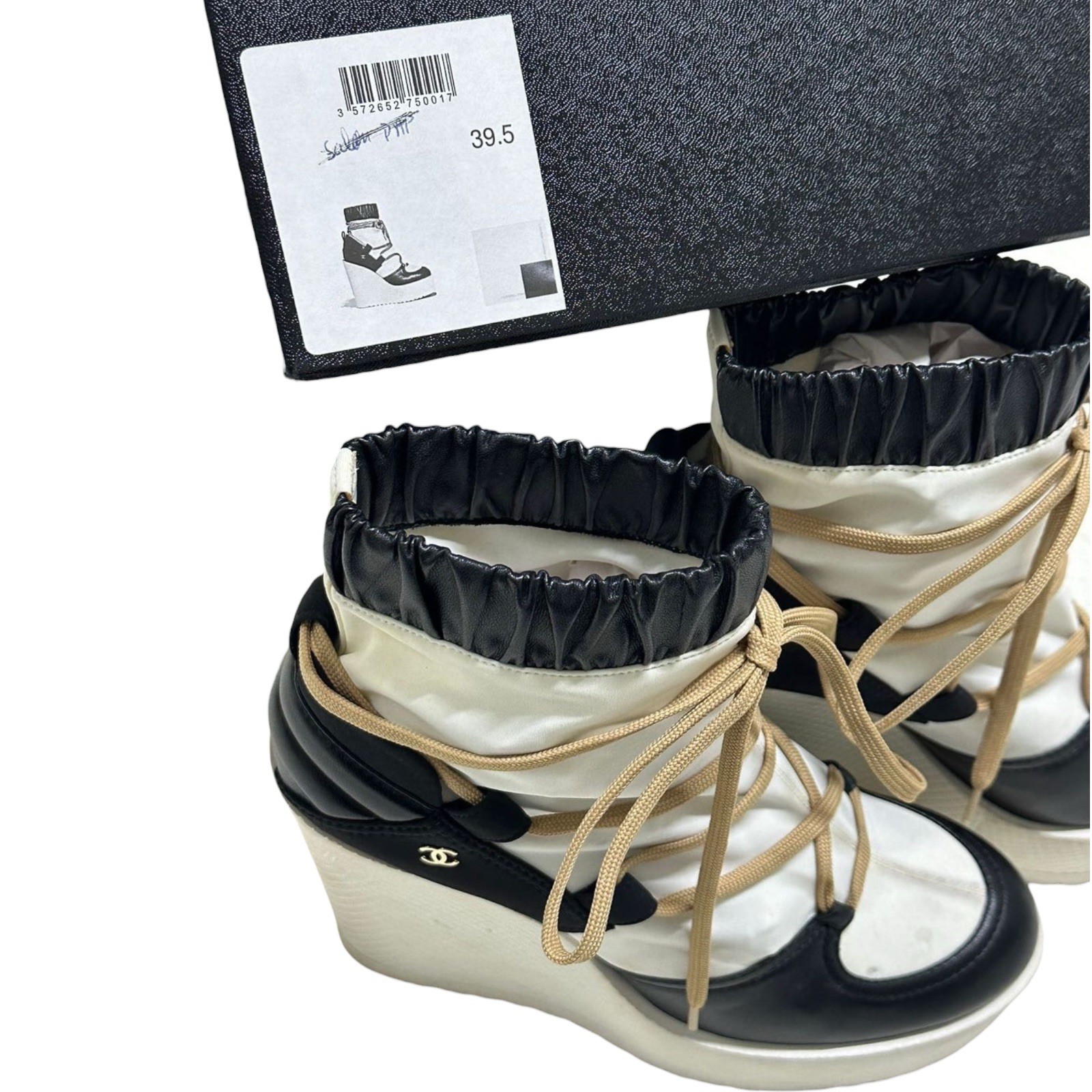 CHANEL White/Black Leather & Blended Fabric Lace Up Wedge Ankle Boots, Size 39.5