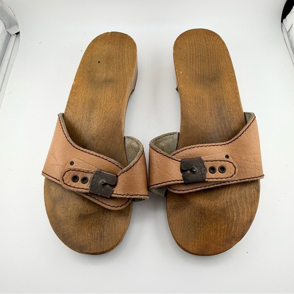 Vintage 70’s Tan Leather Scholl Original Wooden Sandal, Made in Austria, Size 8