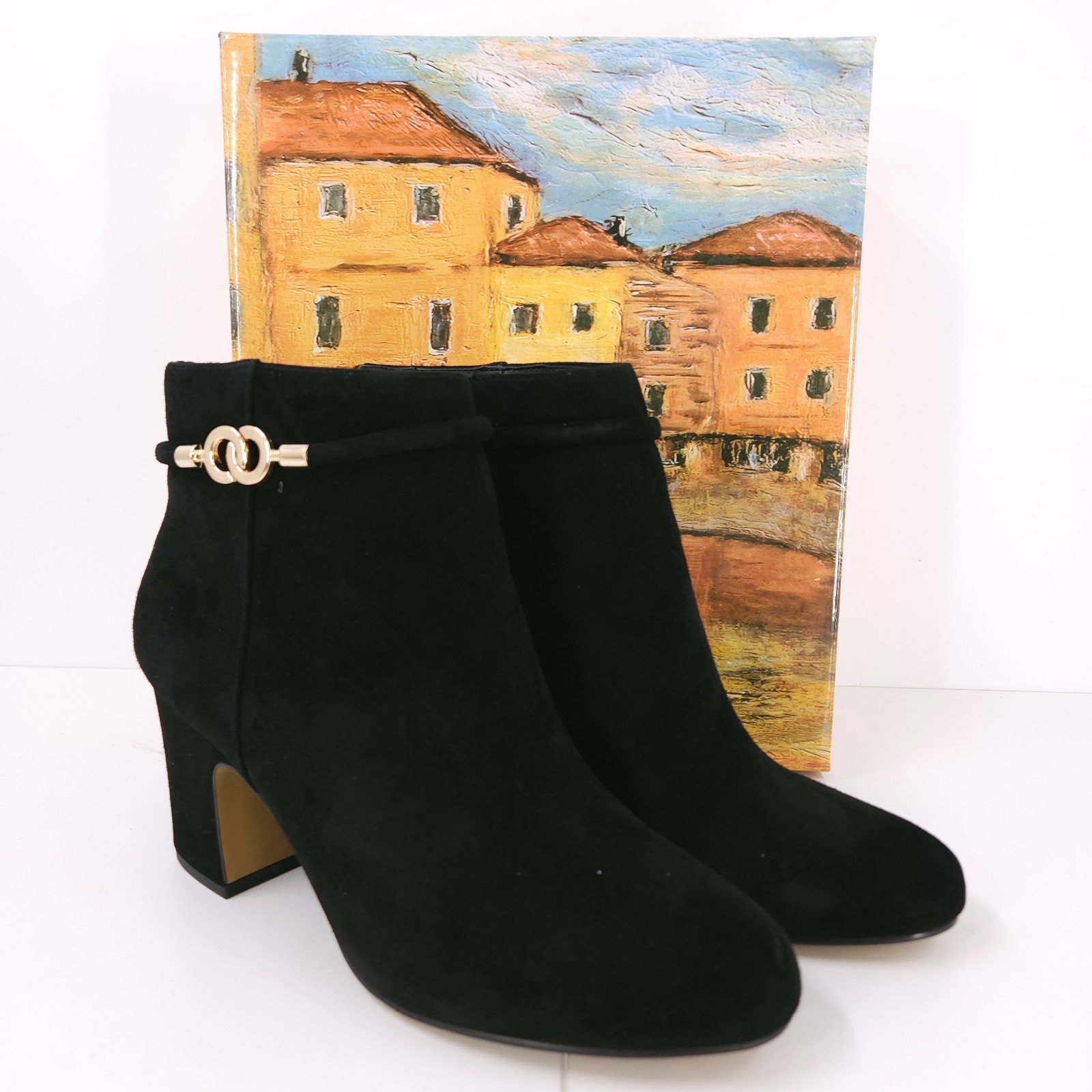 Bella Vita Diaz Ankle Bootie Black Kidsuede Leather Block Heel Gold Buckle Women