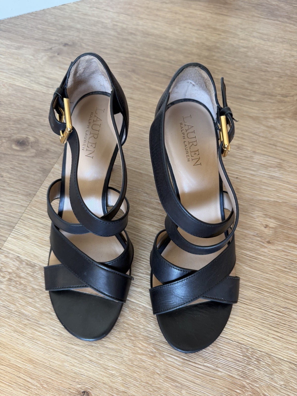 Lauren Ralph Lauren Black Leather Open Toe Ankle Strap Buckle Heels 7.5B
