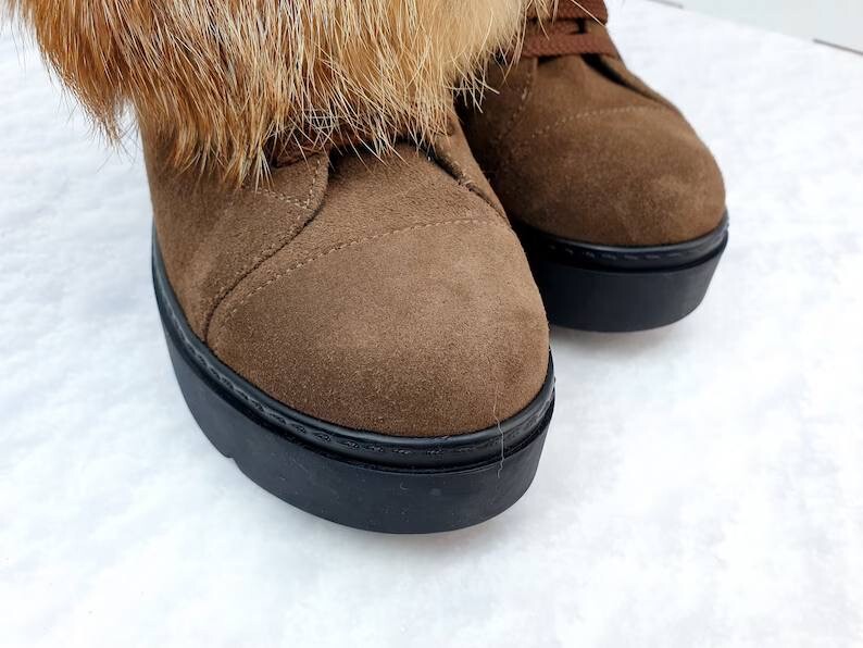 Real fox brown suede demi ankle platform boots for women