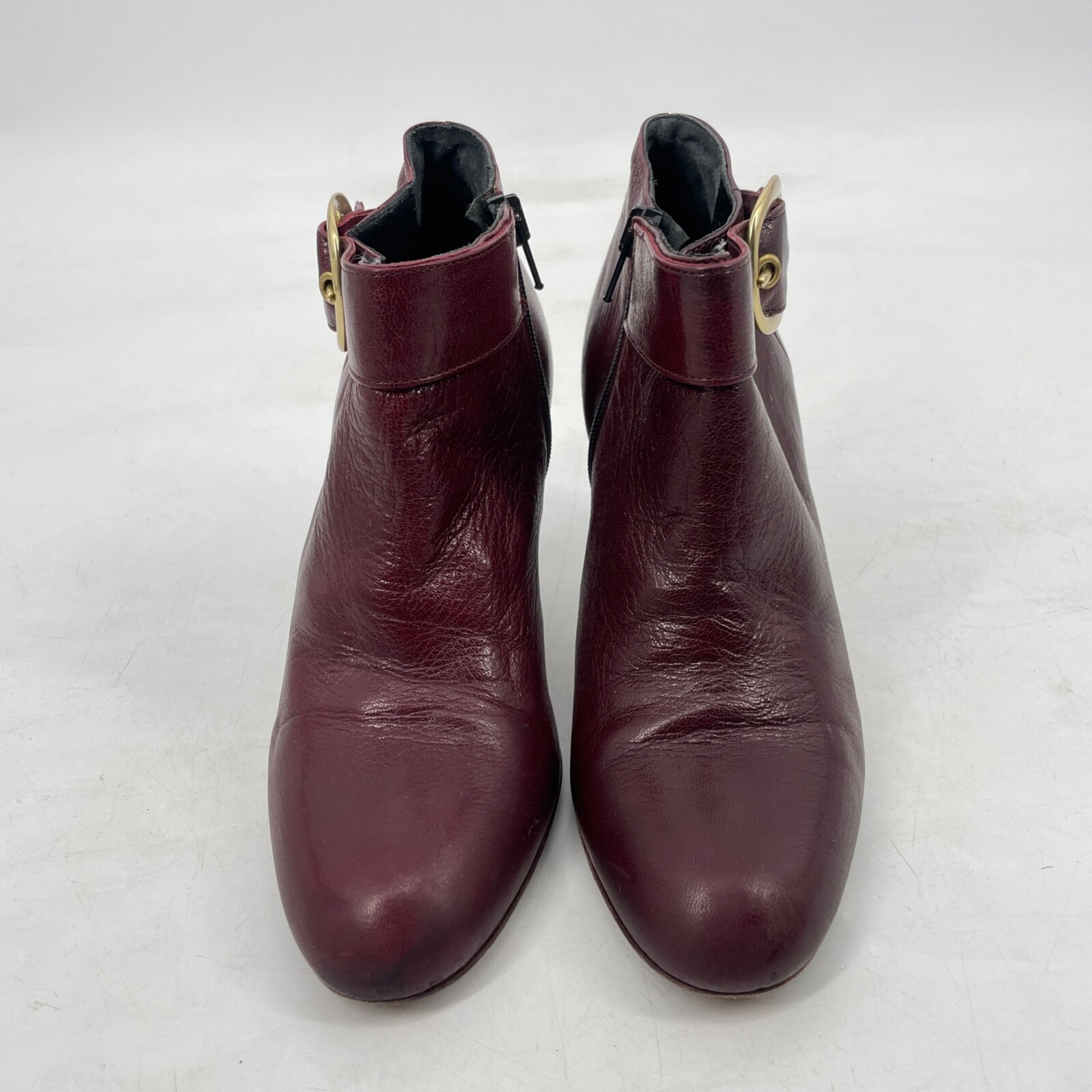 Coach Womens 7.5 B Burgundy kid Leather Nicolete Gold Buckle 3.25″ Heel Bootie