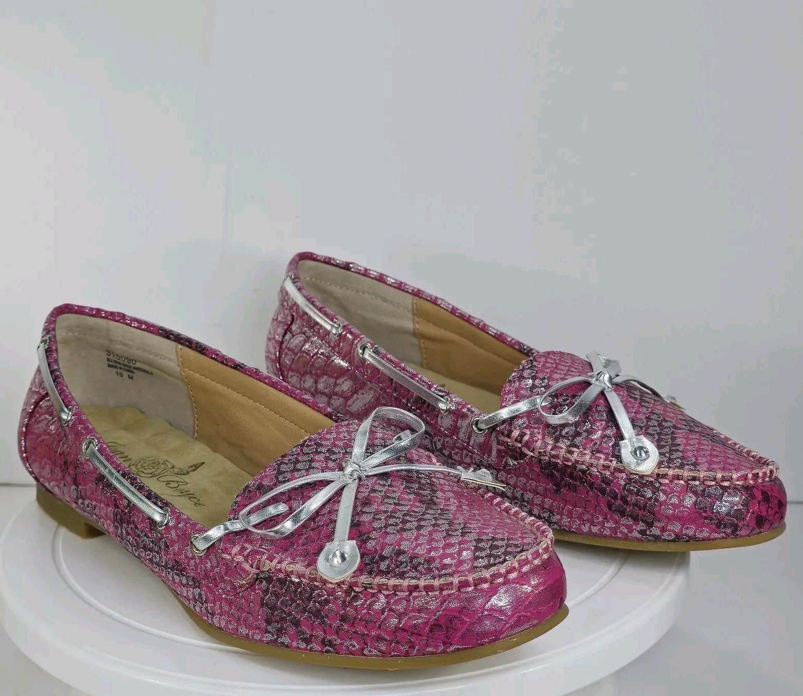 JOAN BOYCE WOMENS 10M PINK SNAKESKIN PRINT RHINESTONE ACCENTED BOW LOAFER SHOES