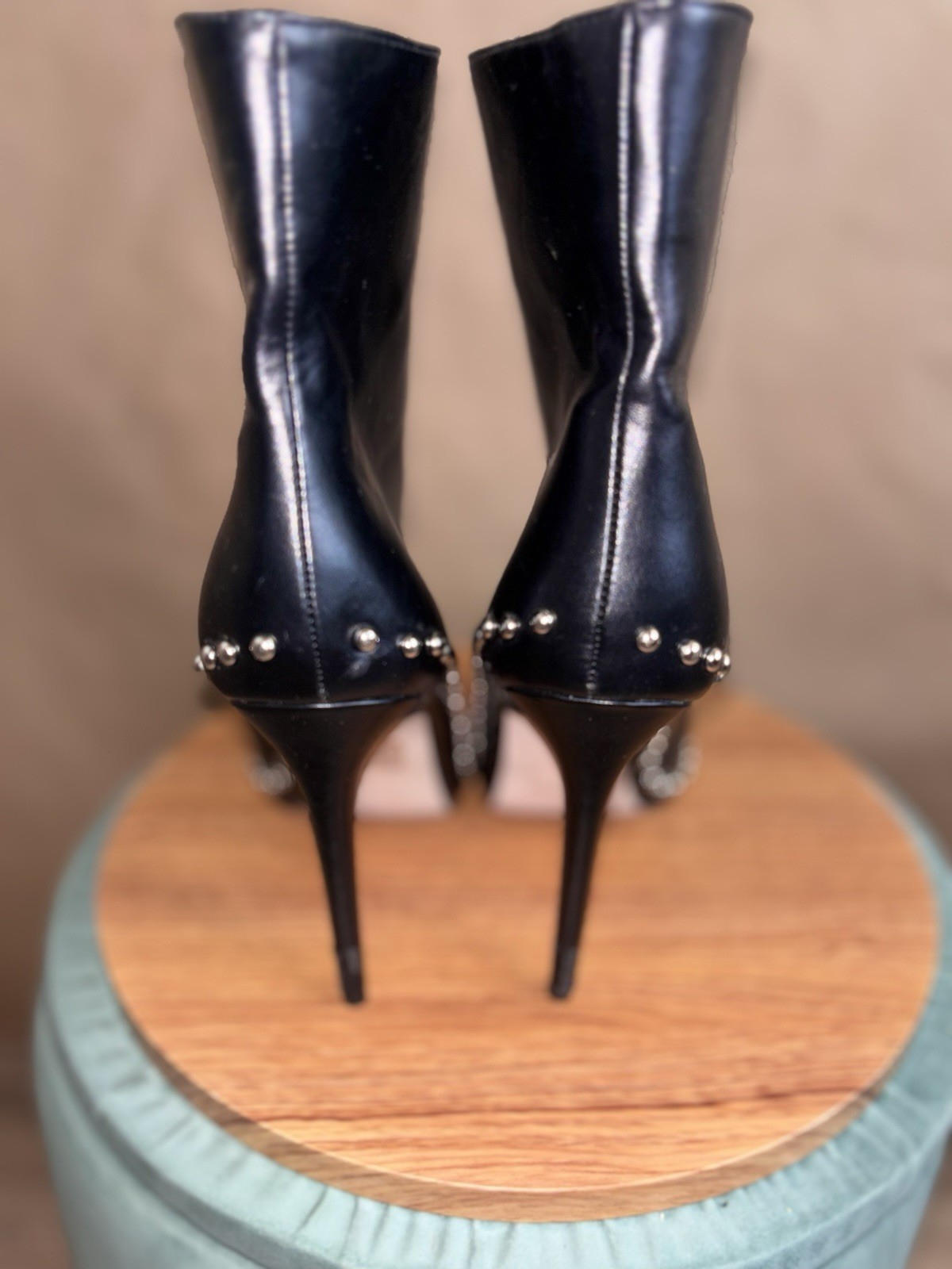 Black Studded Pointed-Toe Zip Front Stiletto Ankle Boots. Size 8