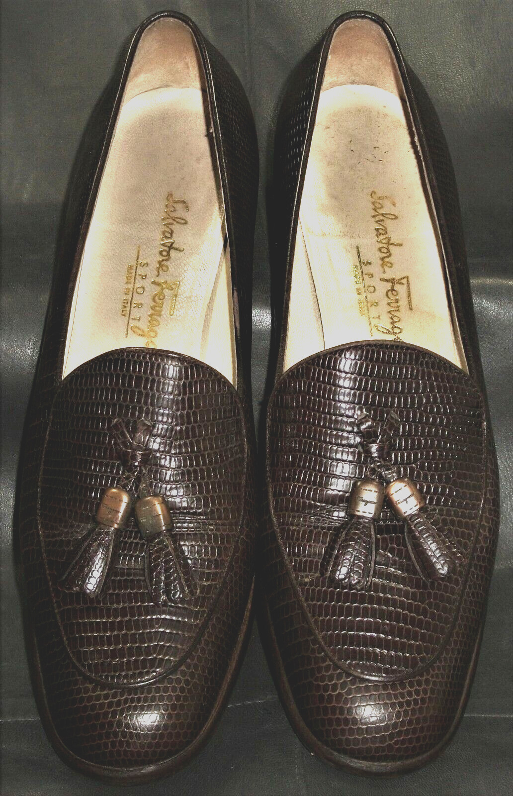 Salvatore Ferragamo women’s brown lizard print leather loafer shoes size 7AAA