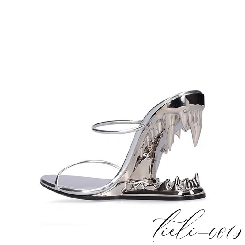 Women Metal High Teeth Heels Mules Sandals Oversize Slippers Fashion Show Runway