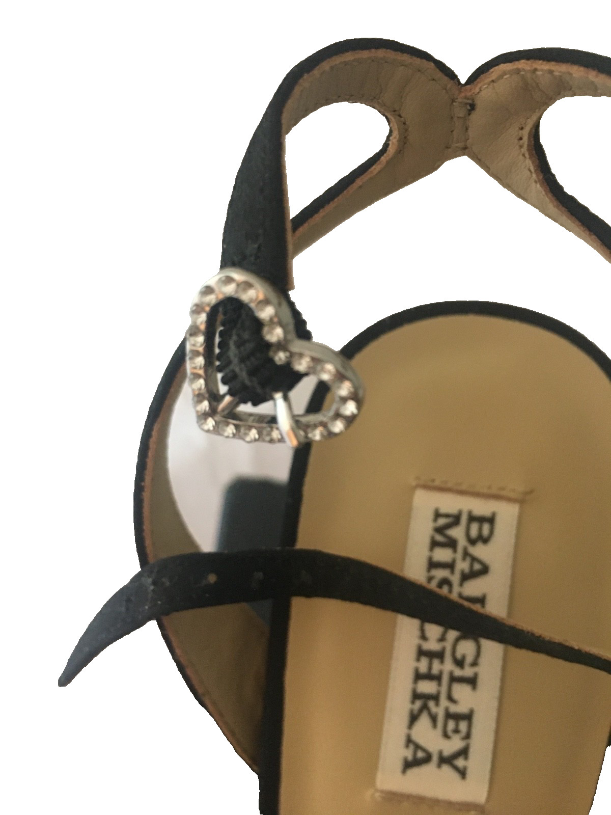 Badgley Mischka Caia Black Crepe Platform Sandals Embellished Heart NIB Size 11