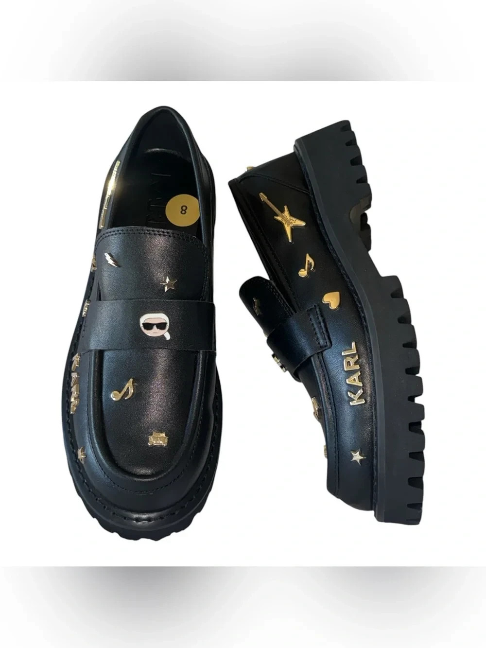 NEW KARL LAGERFELD Gaston Rocker Loafer Slip On Gold Guitar Charm Lug Sole SZ-8