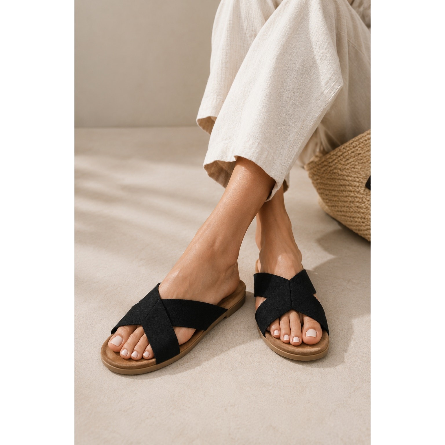 Jenni Kayne Cotton Crossover Slide Sandals Tan Black Made Italy – IT 40 US 10