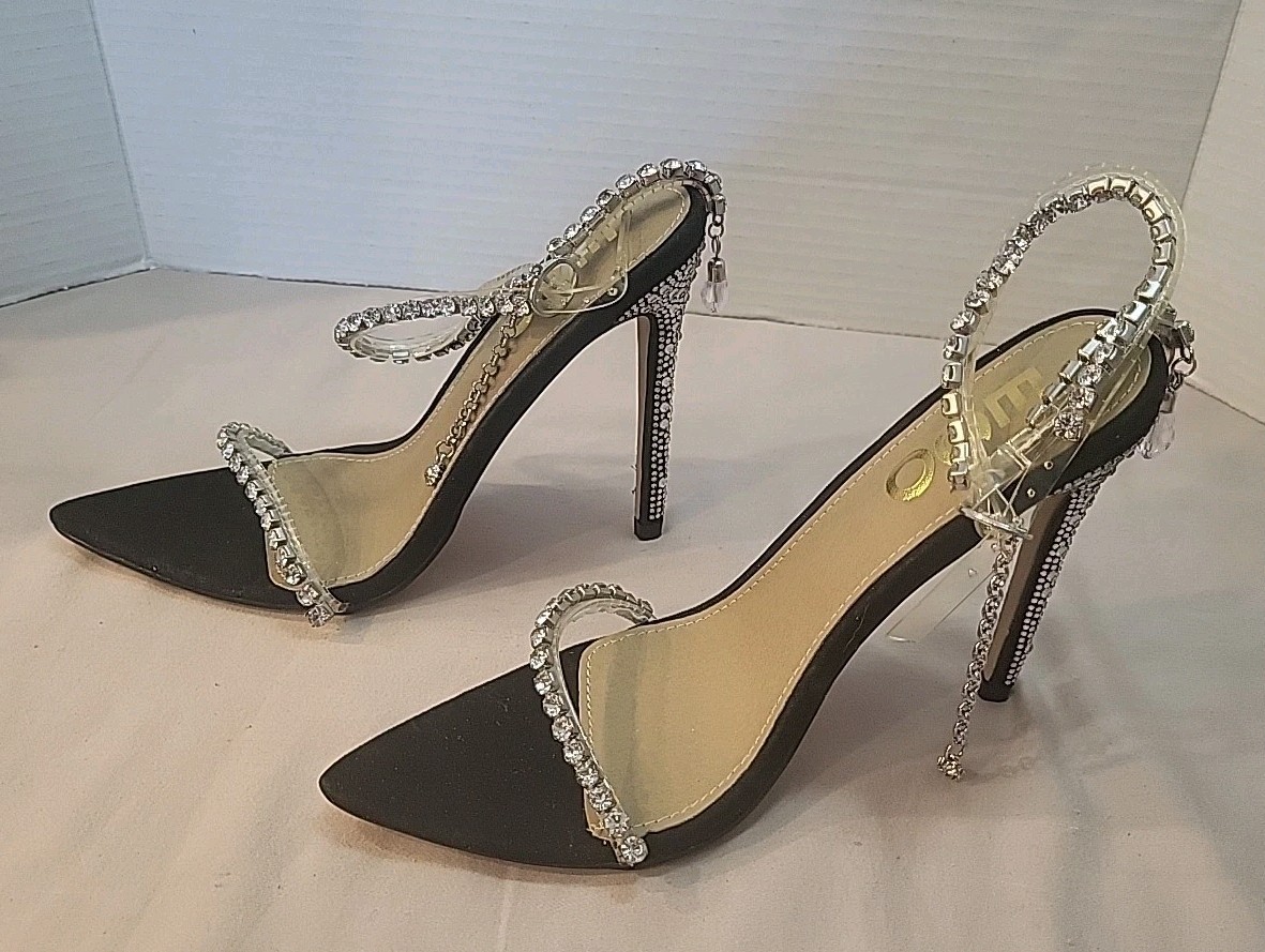 EGO BLACK STILLETO HEEL US 6 UK4 WOMEN SEQUINED HEEL JEWELED ANKLE STRAP