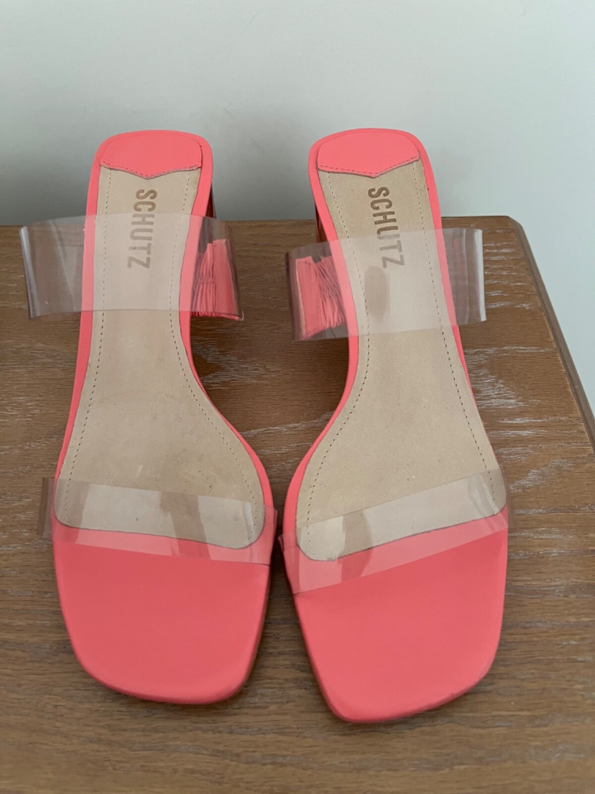 Schutz Ariella Acrylic Mid Heel Clear Dress Sandals Pink Transparent Size 8