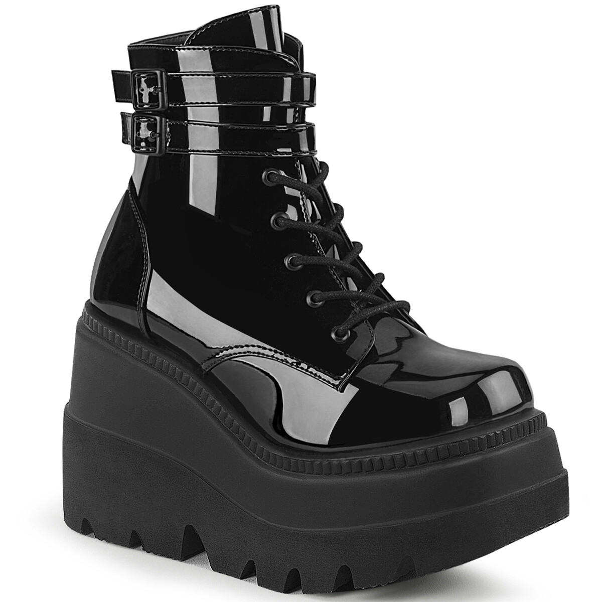 BLACK PATENT 4.5″ ANKLE BOOT-LACES & BUCKLE STRAPS-PLATFORM 5 6 7 8 9 10 11 12