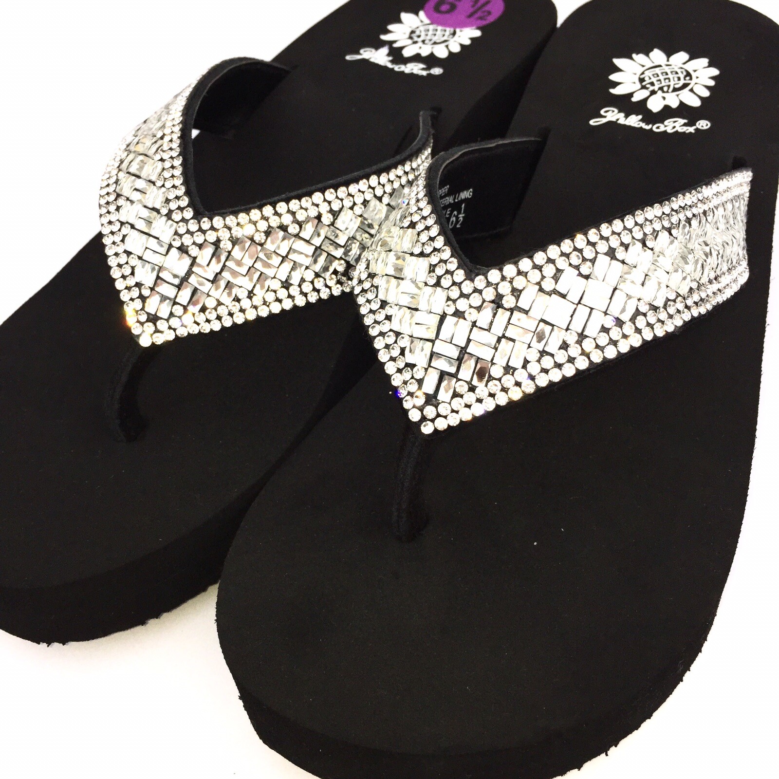 Yellow Box Flip Flops Sydnee Sparkle Clear Rhinestone Basketweave Wedge Sandals