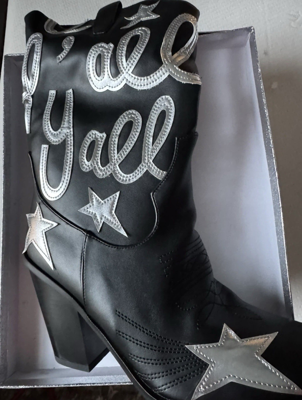 Women’s Black Faux Leather Western Mid-Calf Zip Boots Silver Star Accents US 9