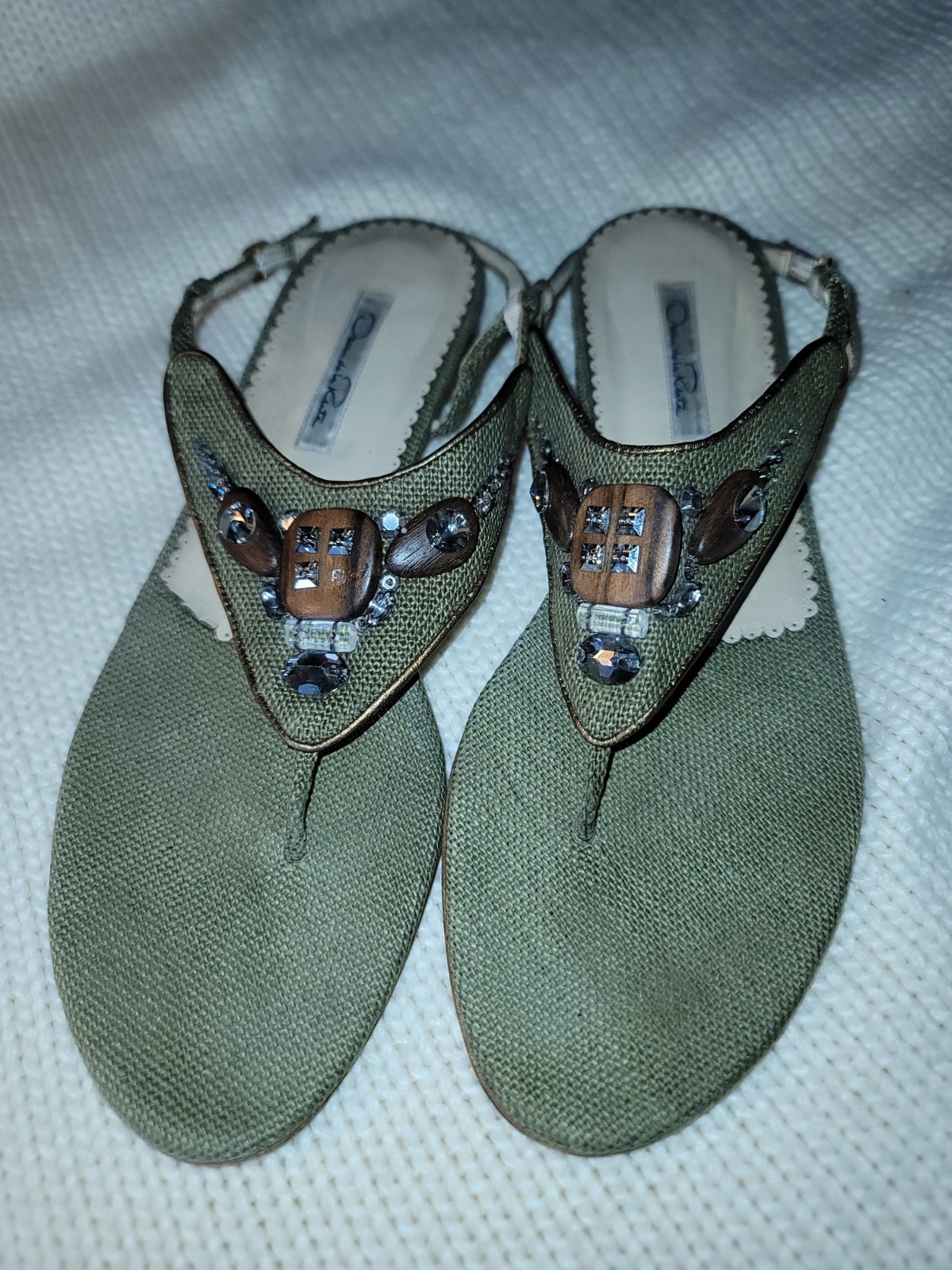 Oscar de la Renta Green Beaded Rhinestone Wooden Buckle Sandals, EUR 39.5