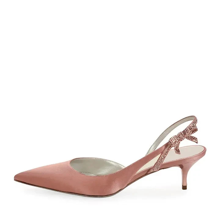 Blush Satin Rhinestone Bowknot Kitten Heel Slingback Pumps ws1913096
