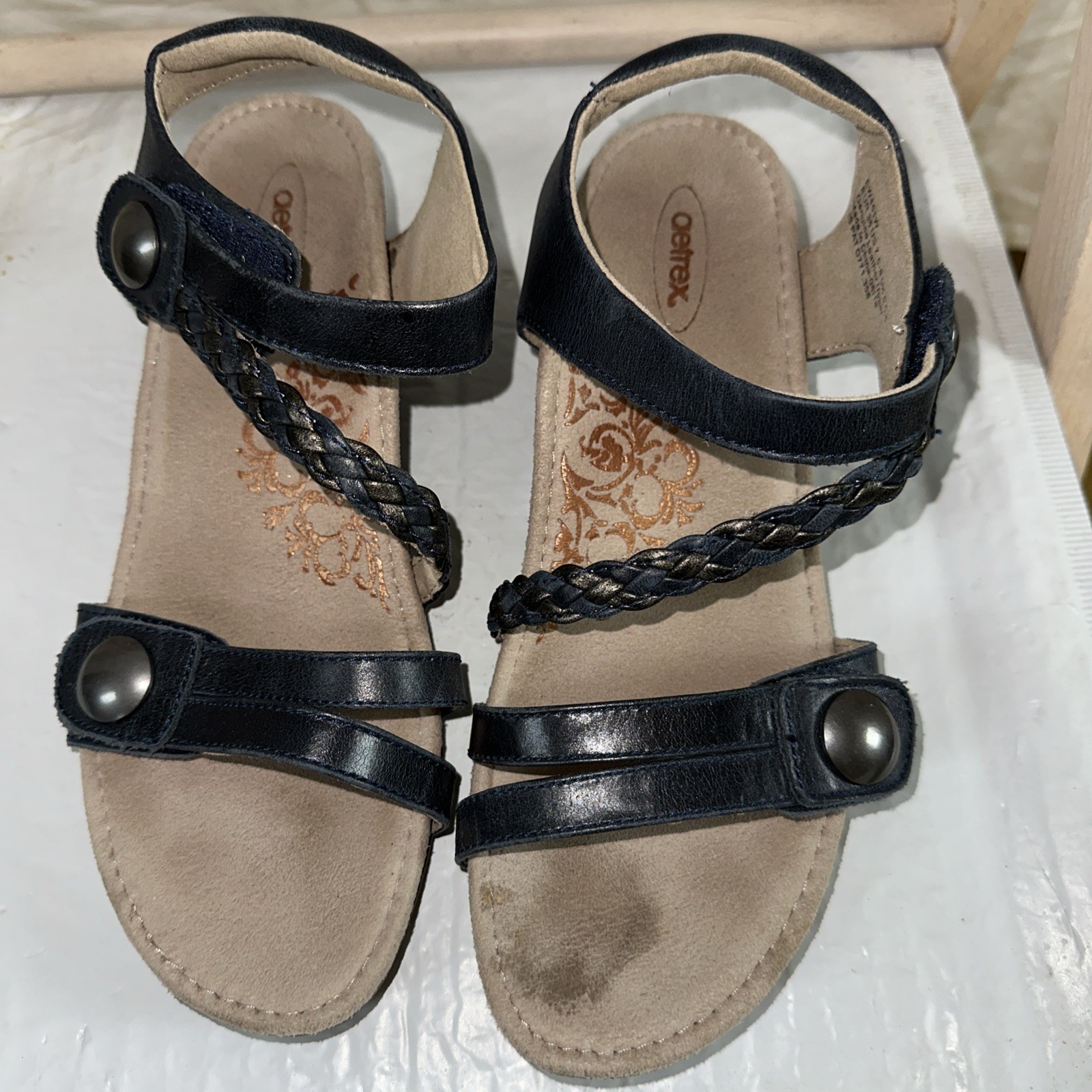 Aetrex Women’s Sandals Blue Wedge Leather Size EU 38 US 7 1/2