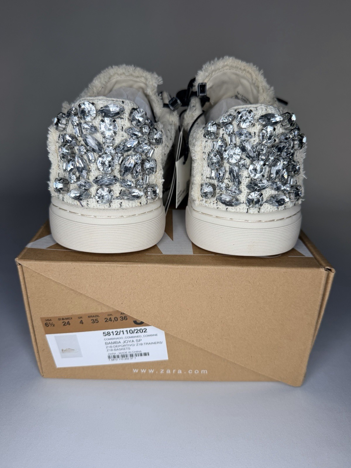 Zara Tweed Lace-Up Low Top Sneakers Ivory/Black/Silver Rhinestone 5812/110