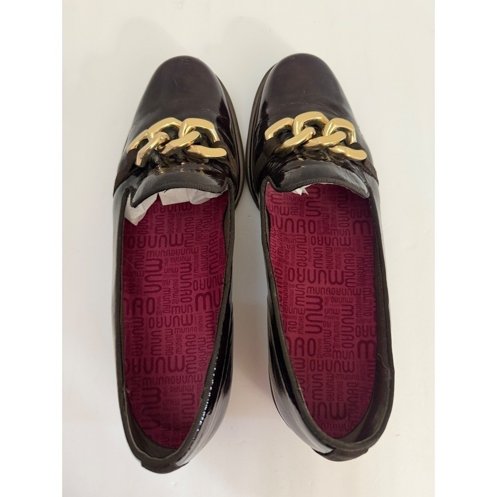 Munro American Expresso Brown Patent Leather Gold Chain Loafers Shoes 10 M