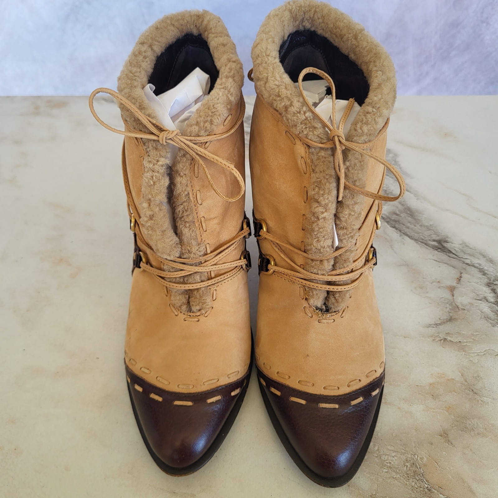 Michelle K Size 37.5/7.5 Shearling Ankle Booties Heels Tan Brown Whipstitch