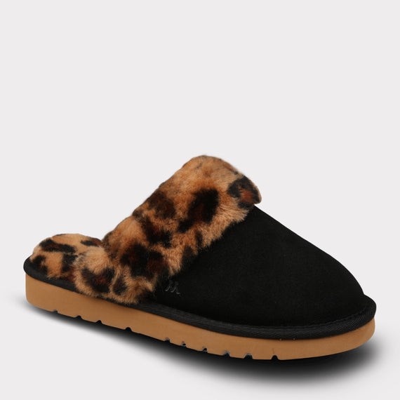 MYKOS Lia Women’s BLACK/LEOPARD Slip-On Scuff Slipper SIZE 8 MW 2556