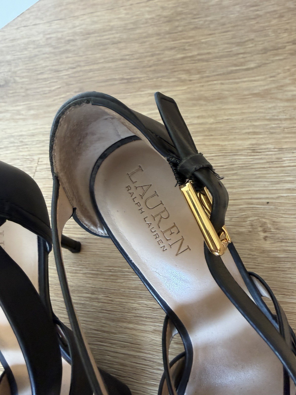 Lauren Ralph Lauren Black Leather Open Toe Ankle Strap Buckle Heels 7.5B
