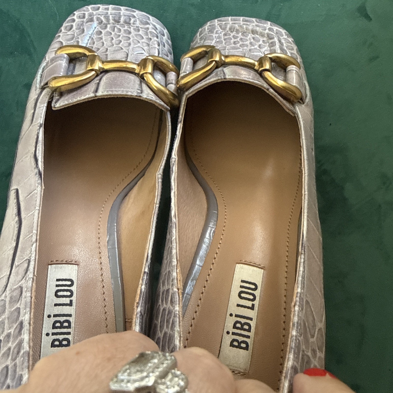 Bibi Lou Anthropologie Croc Embossed Leather Heels Gray Gold Horsebit Classy