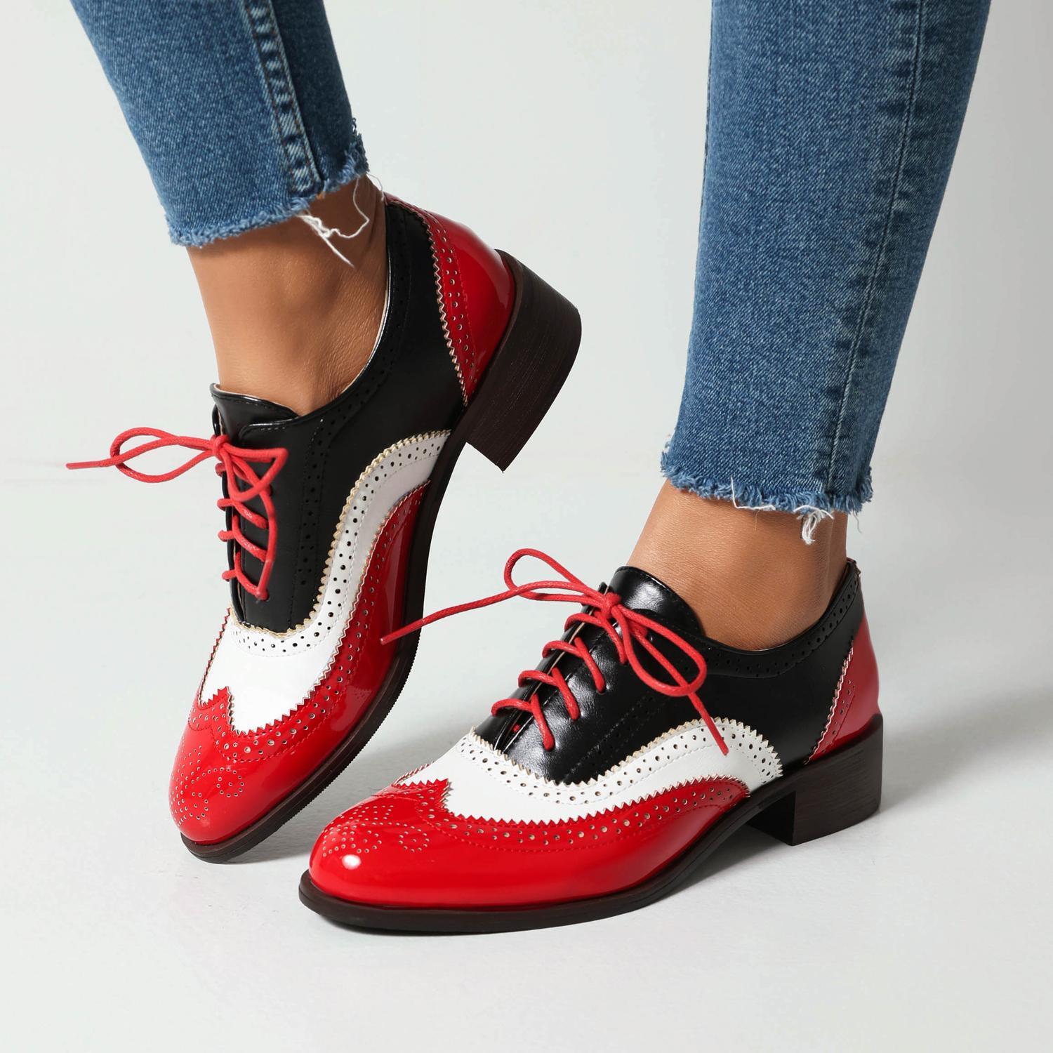 Women’s Wing Tip Lace Up Brogue College Pumps Leather Colorblock Shoes Plus Size