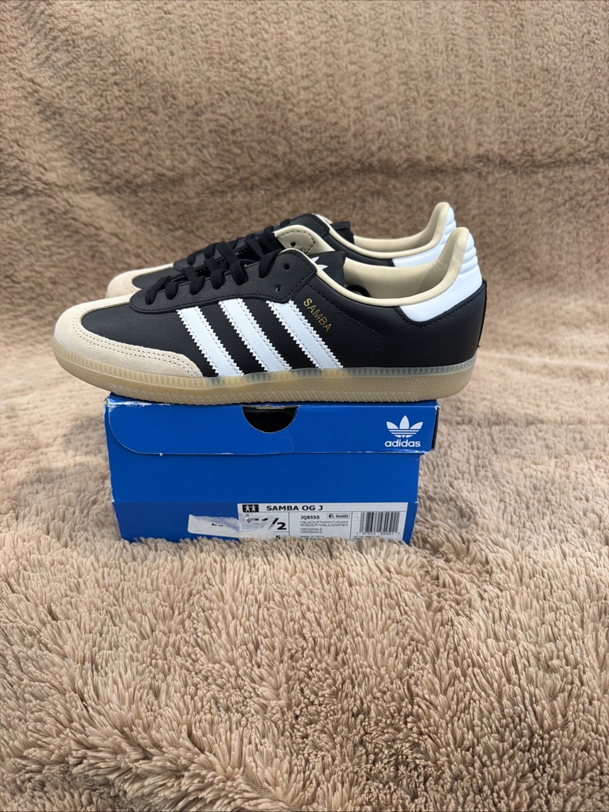 Adidas Samba OG J Sneakers Black/ White/Gum Size 5.5J/7W New In Box JQ8555