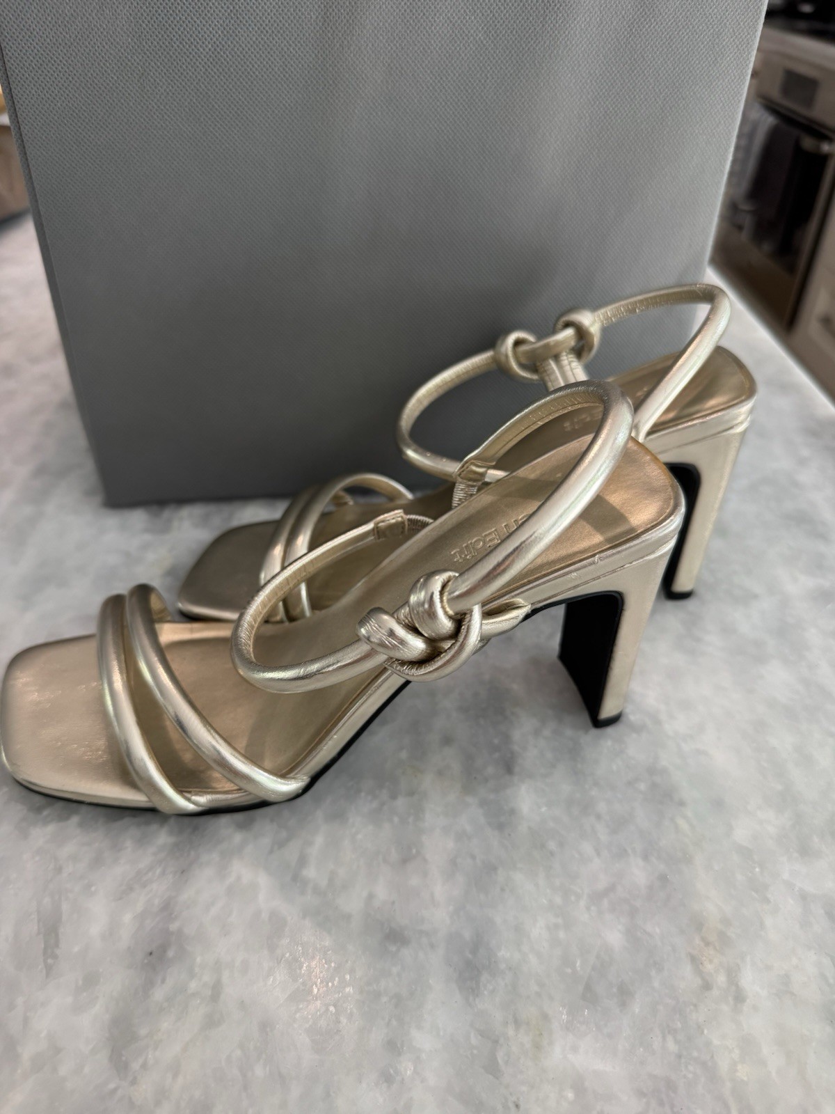 Open Edit Gold Knot Detail Square Toe Heeled Sandles Size 7