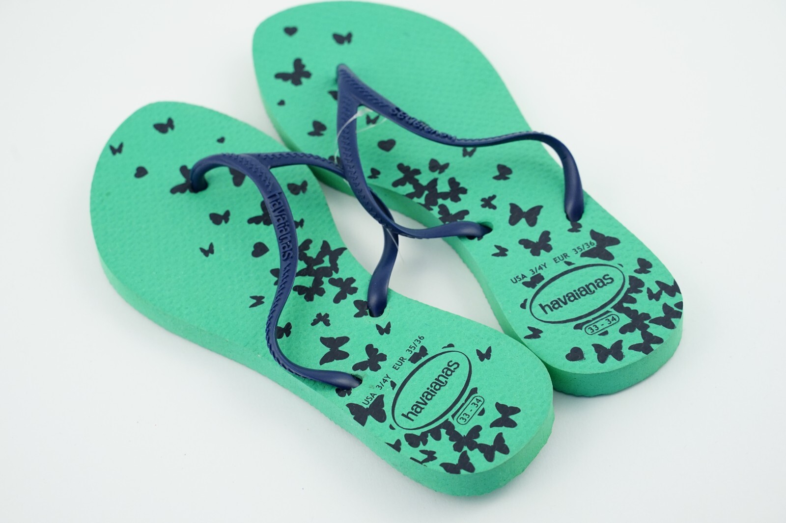 Blue/Green Butterfly Thin Straps Havaianas USA 3/4Y Sandals EUR 35/36 (33/34)